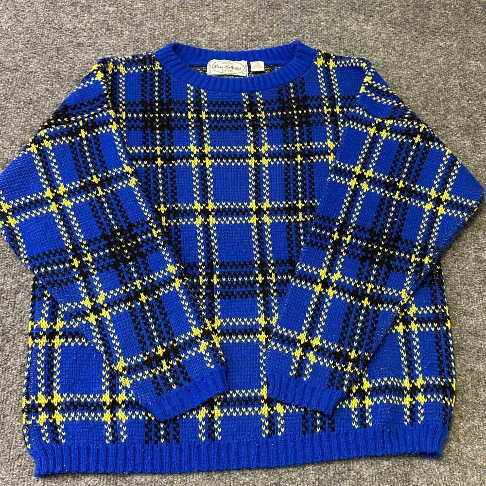 Miss Selfridge Sweater Womens Size M Blue Yellow Plaid Knit Crewneck Long Sleeve